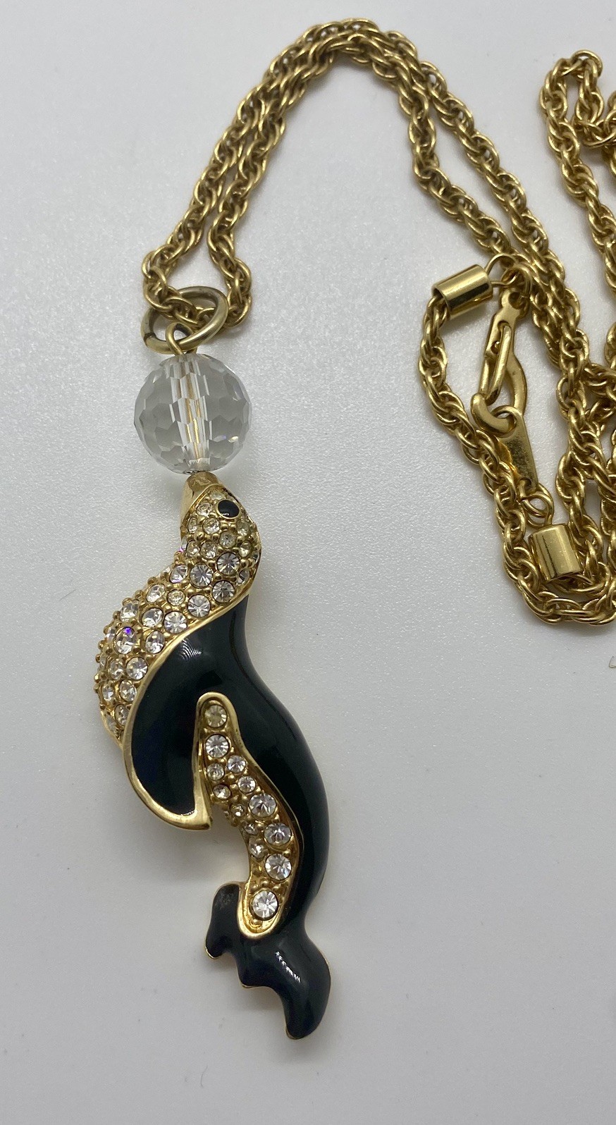 Signed Vintage Swarovski Sea Lion/Seal with Ball Pendant and Chain 24”.