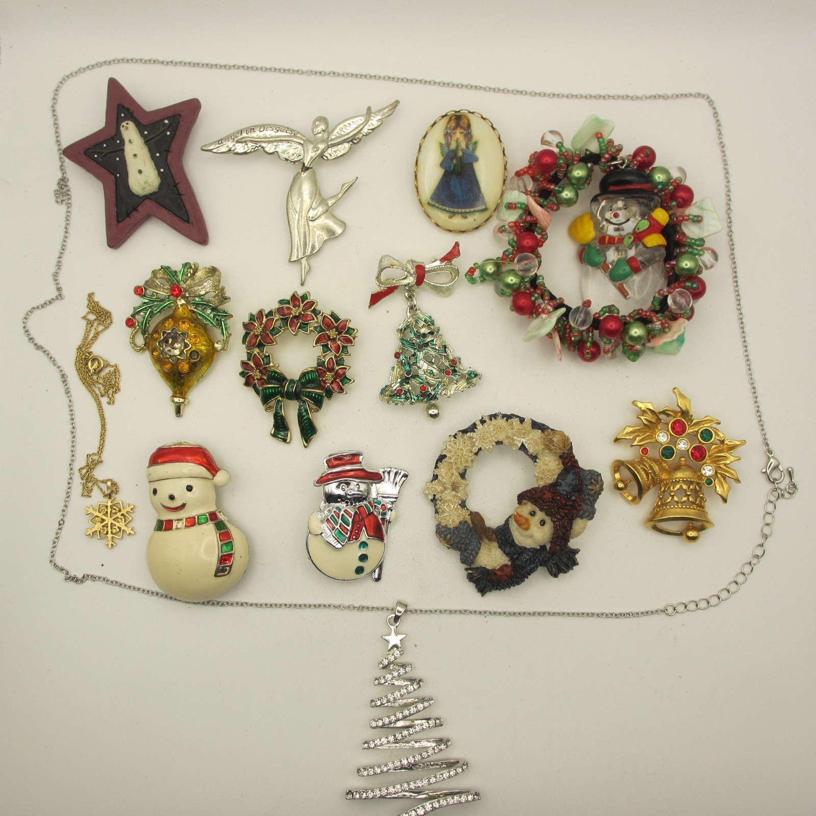 Vintage Christmas Jewelry Lot Angel Snowman Tree Wreath Ornament Star