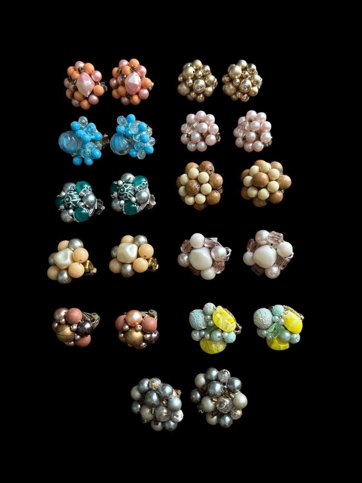 Vintage Beaded Cluster Clip On Earrings Lot 11 Japan, Hong Kong