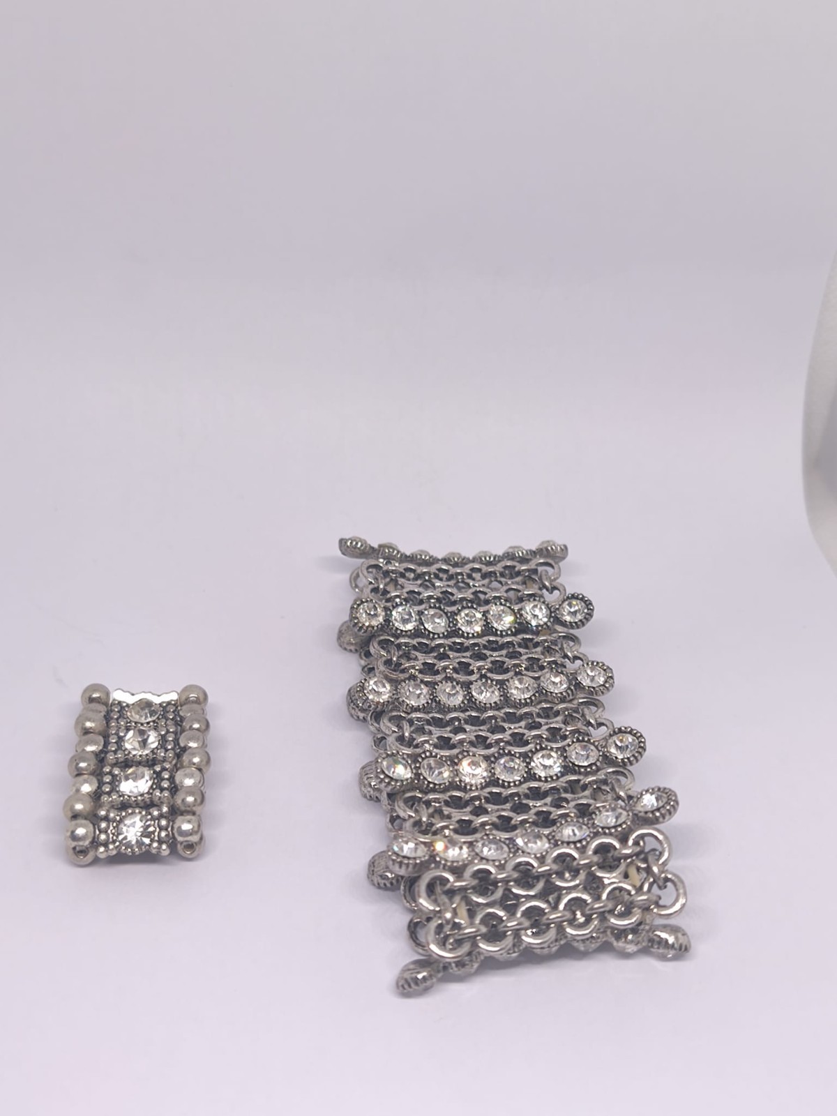 Vintage Wide Silver Tone Rhinestone Chain Link Cuff Bracelet Statement Jewelry