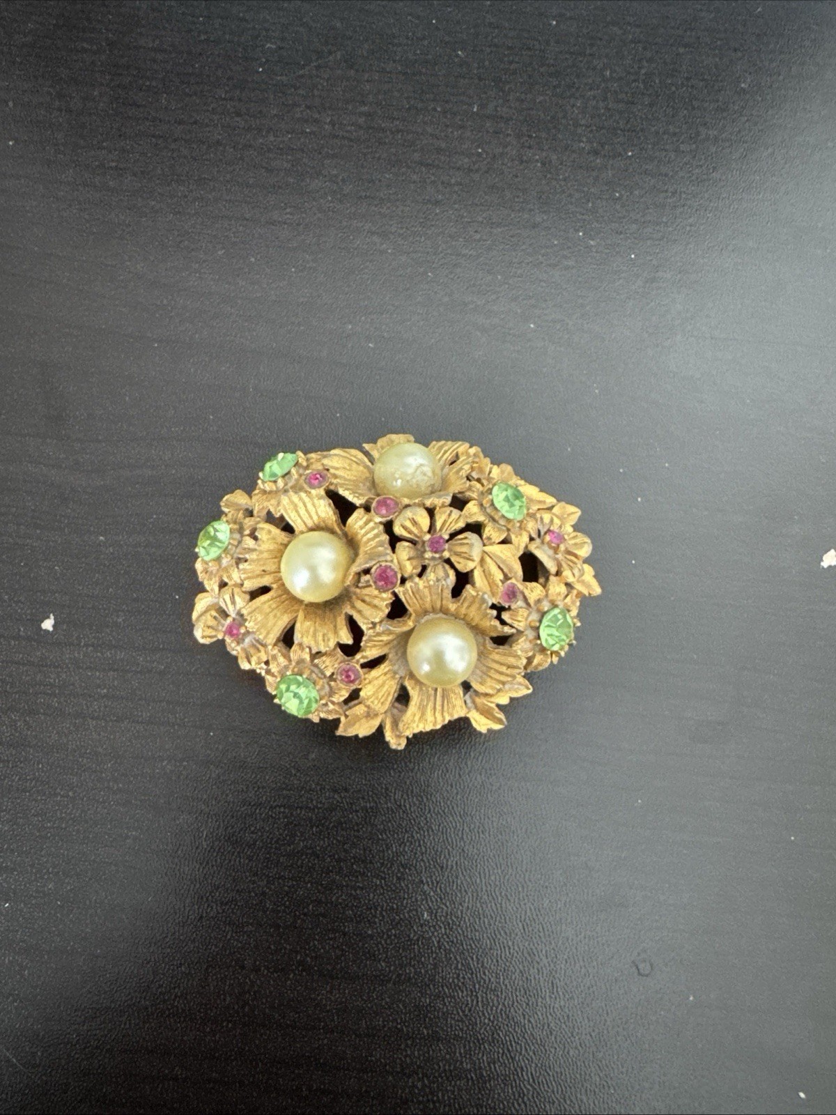 Vintage Gold Florenza Floral Bouquet Faux Pearl Green & Pink Rhinestone Box Set