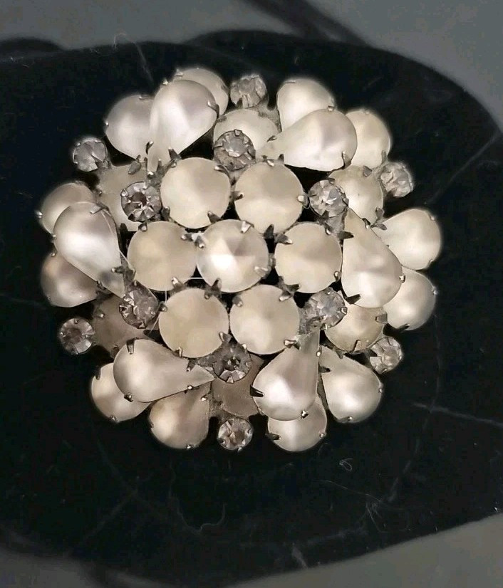 Dome Moonstone Brooch Elevated Glass Cabochon Rhinestone Pin Rhodium Plated