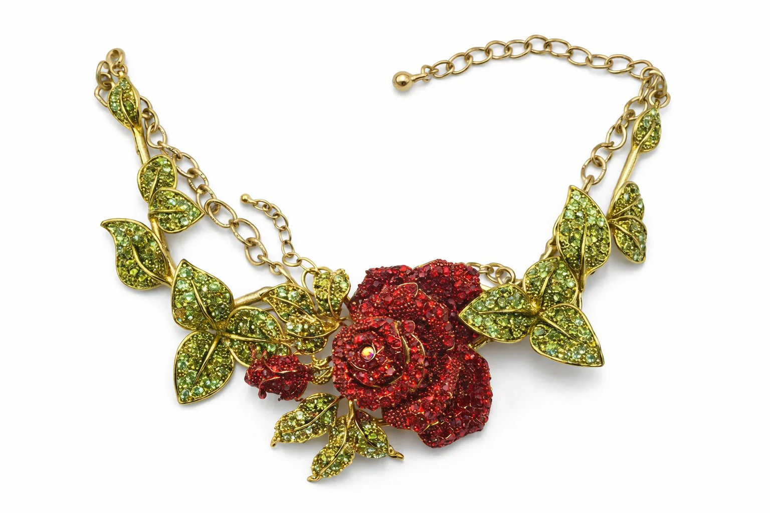 Vintage Red Rhinestone Rose Necklace Bracelet Set Gold Tone Floral Statement Jew