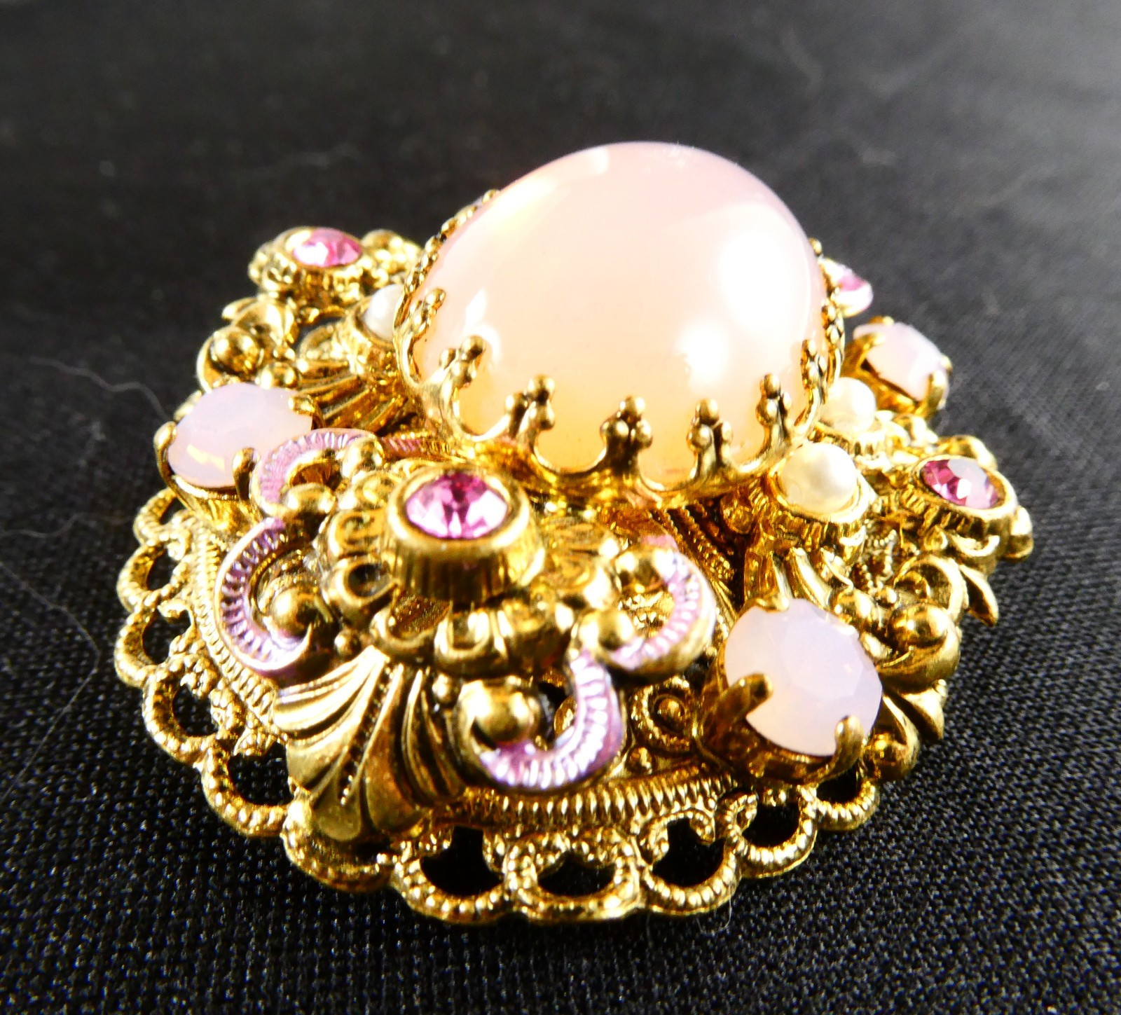 Vintage West Germany Opaline Pink Glass & Rhinestone Filigree Pin Brooch Oval