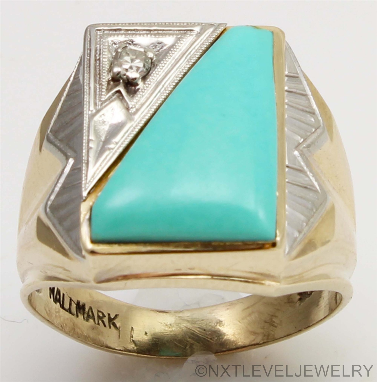 Antique SIGNED Art Deco Robin’s Egg Turquoise & Diamond 10k Solid Gold Mens Ring