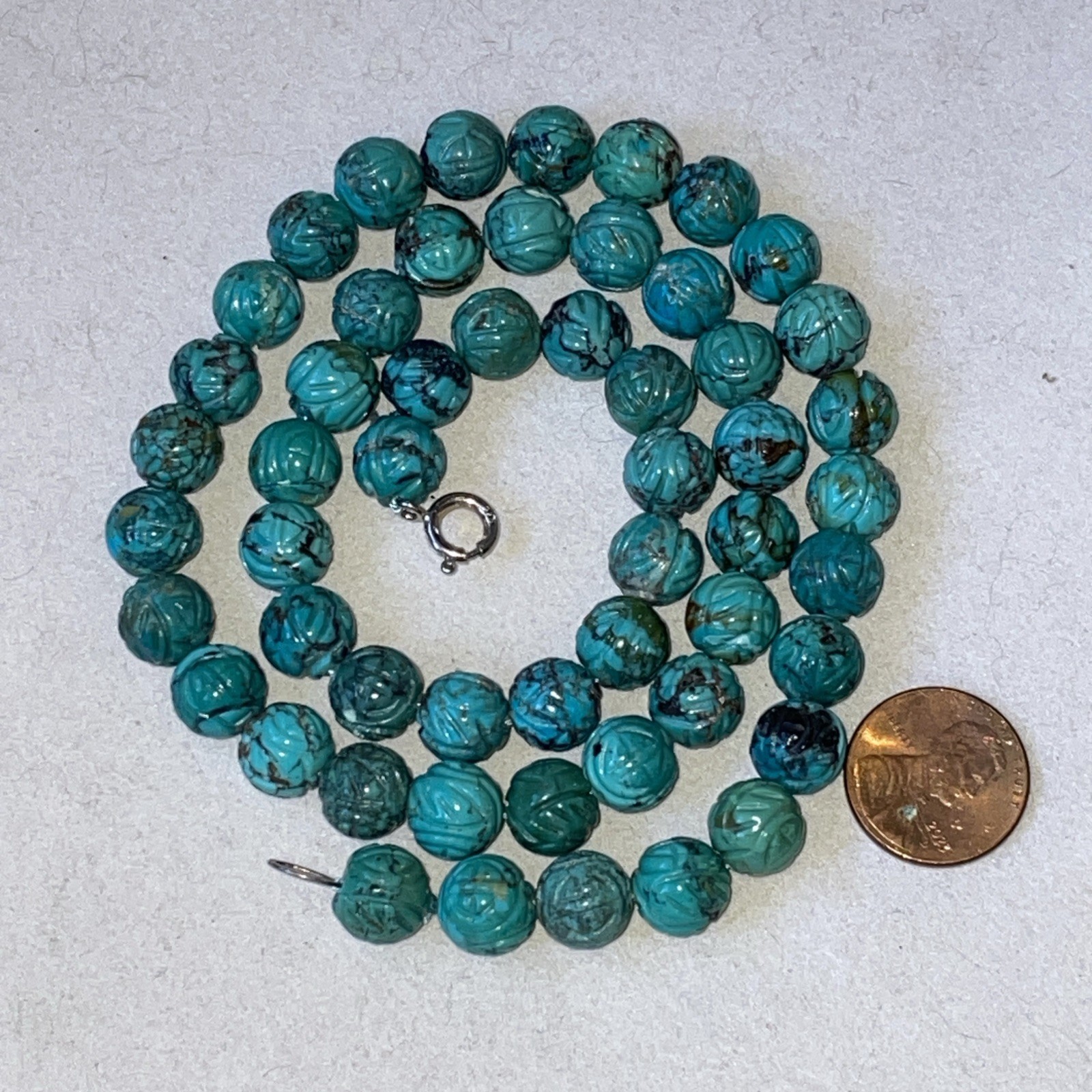 Vintage Chinese Turquoise Carved Shou Bead Necklace Sterling Silver 21” Long