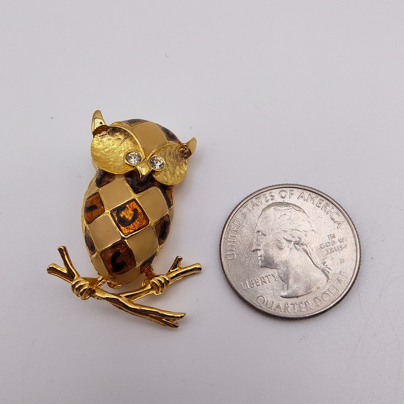 Vintage Owl Brooch Gold Tone Brown Tan Harlequin Enamel Rhinestone Eyes Retro