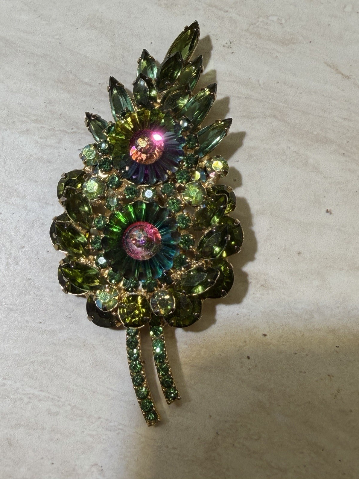 Vintage Juliana DeLizza Elster Green Rhinestone Floral Brooch Watermelon Rivoli