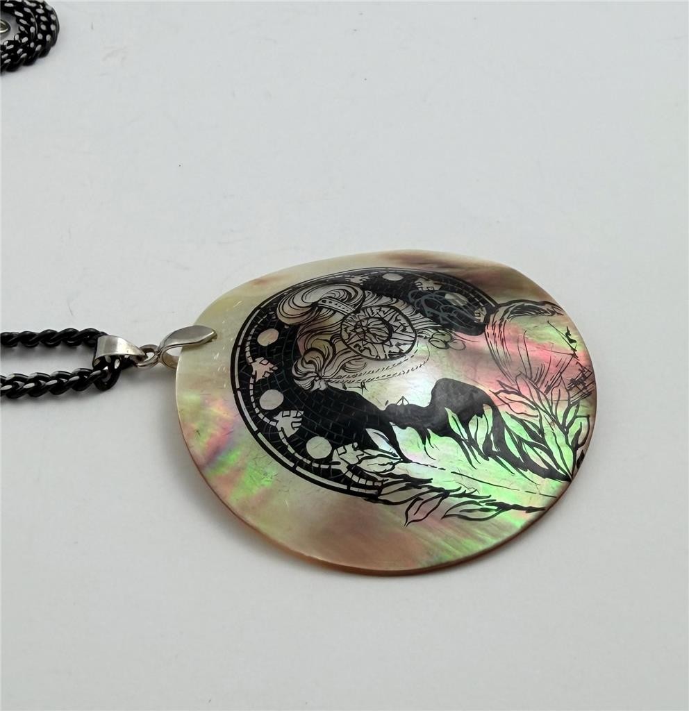 Vintage Shell Pendant with Art Nouveau Lady Portrait Black Chain Necklace 18″ L.