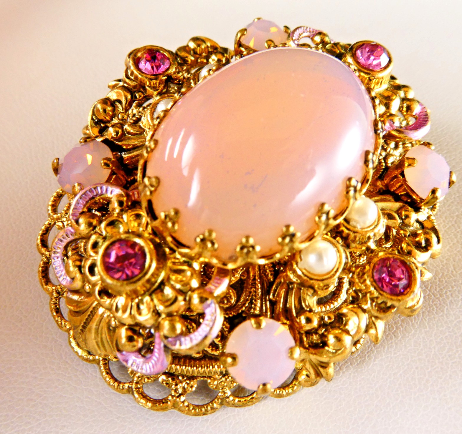 Vintage West Germany Opaline Pink Glass & Rhinestone Filigree Pin Brooch Oval