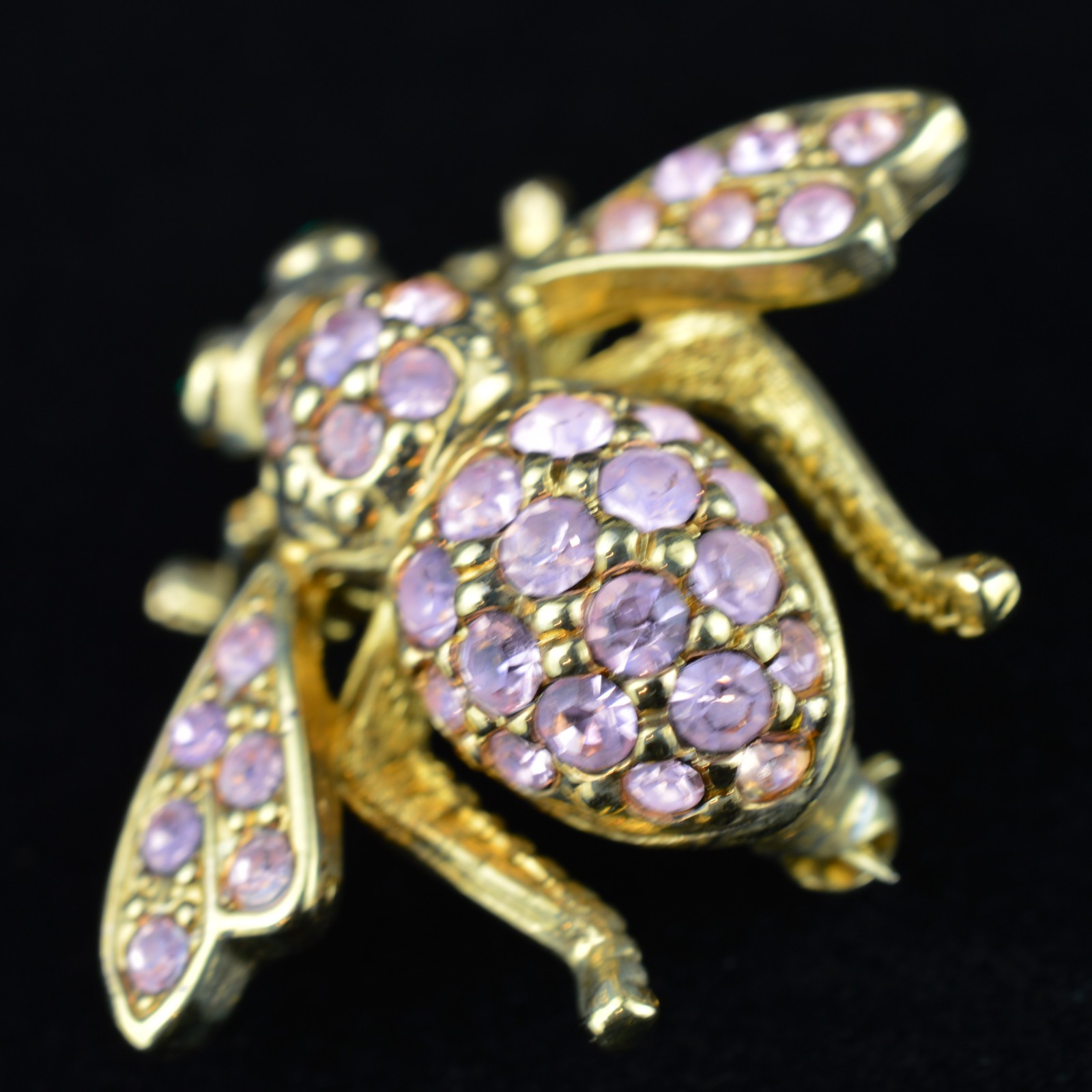 Joan Rivers Bee Pin Signed Pink Rhinestone Brooch Gold Tone Green Eyes Vtg