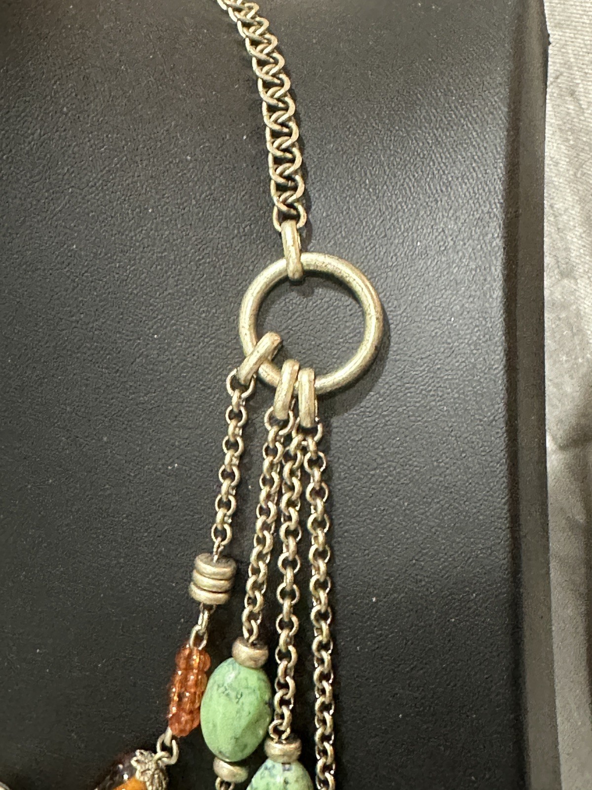 Liz Claiborne Multi Strand Statement Necklace Orange Green Light Gold Tone 18″