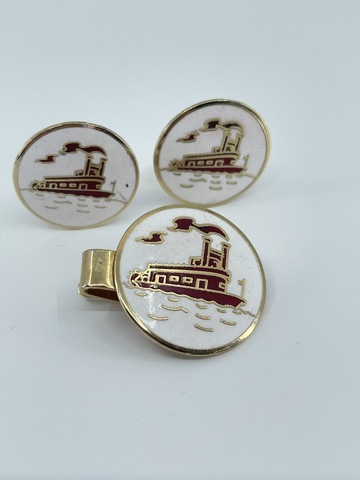 Mr Tara River boat cufflinks and tie clip set red gold white enamel 1″