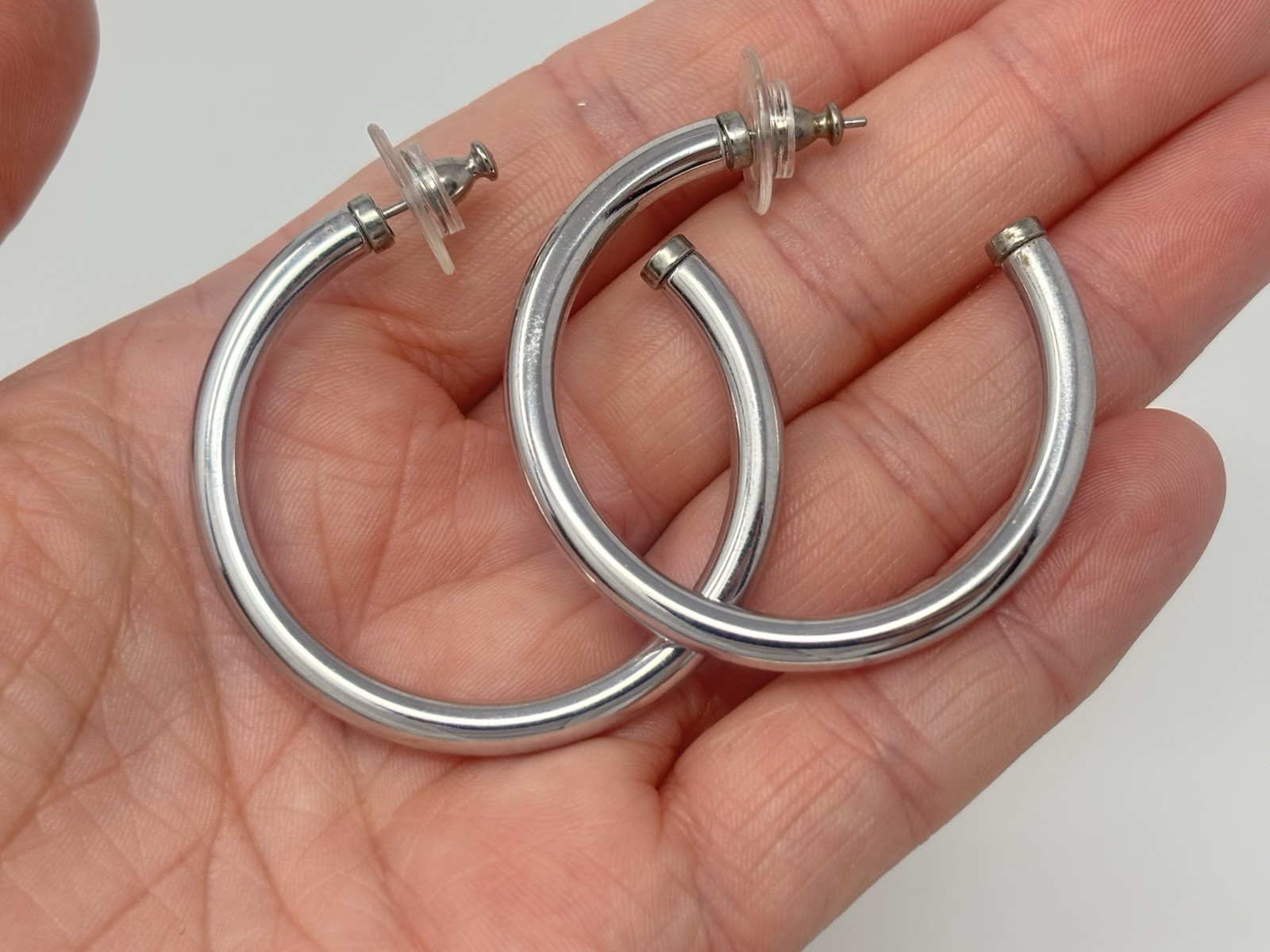 Vintage 90’s MONET Large Tube Hoop Earrings Silver Tone 4mm