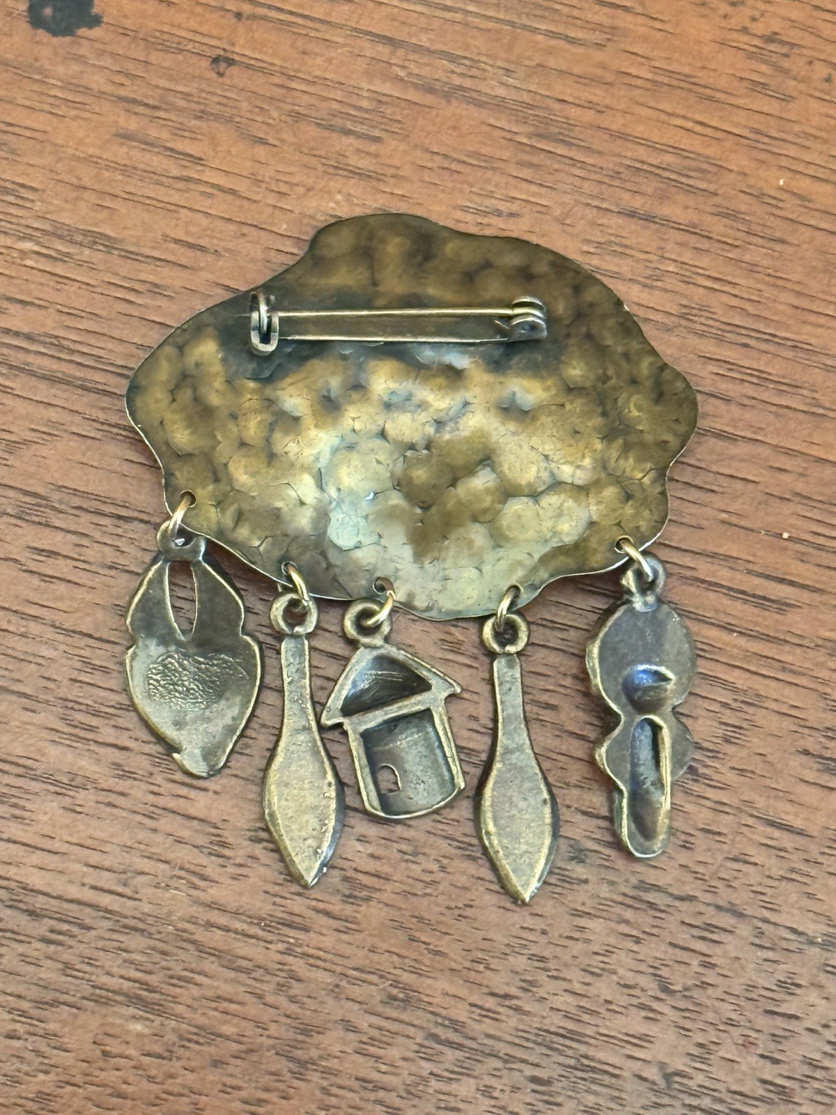 Vintage Hammered Metal Primitive African Charm Brooch And Earrings Set As Is
