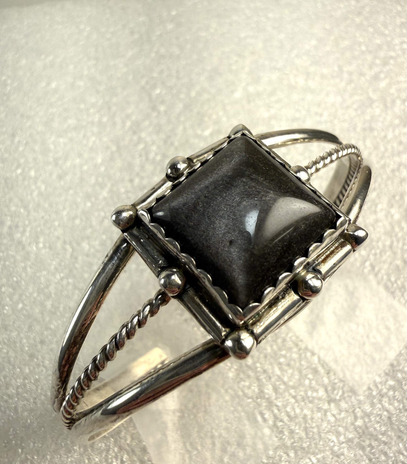 Vintage Sterling Silver Dark Grey Stone Cuff Bracelet