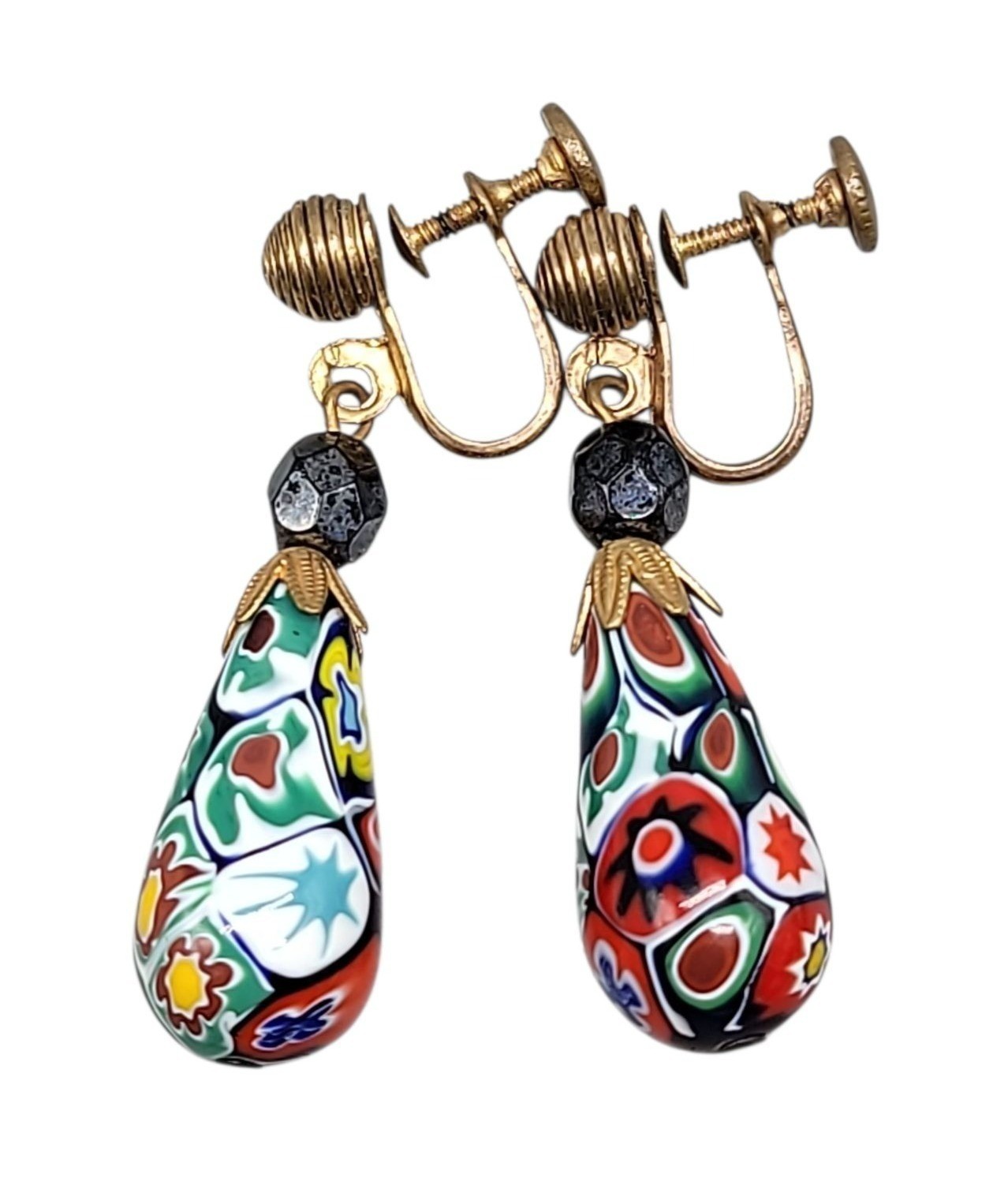 Venetian Millefiori Dangling Screwback Earrings Gold Teardrop Art Glass Vtg