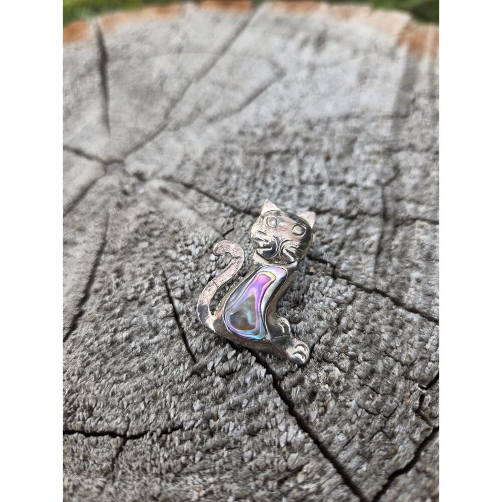 Taxco Cat Brooch Pin Abalone Shell Sterling Silver Vintage Jewelry Cute Retro
