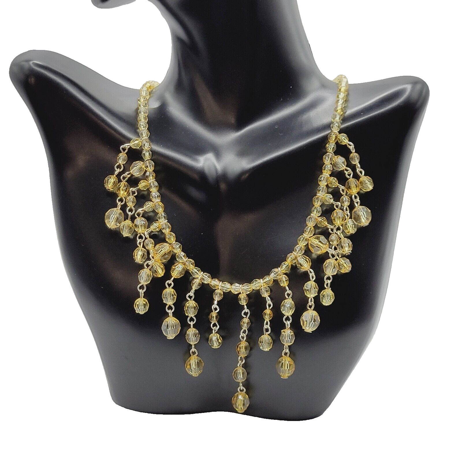Fringe Bead Necklace Acrylic Light Gold Amber Champagne Fancy Costume Necklace