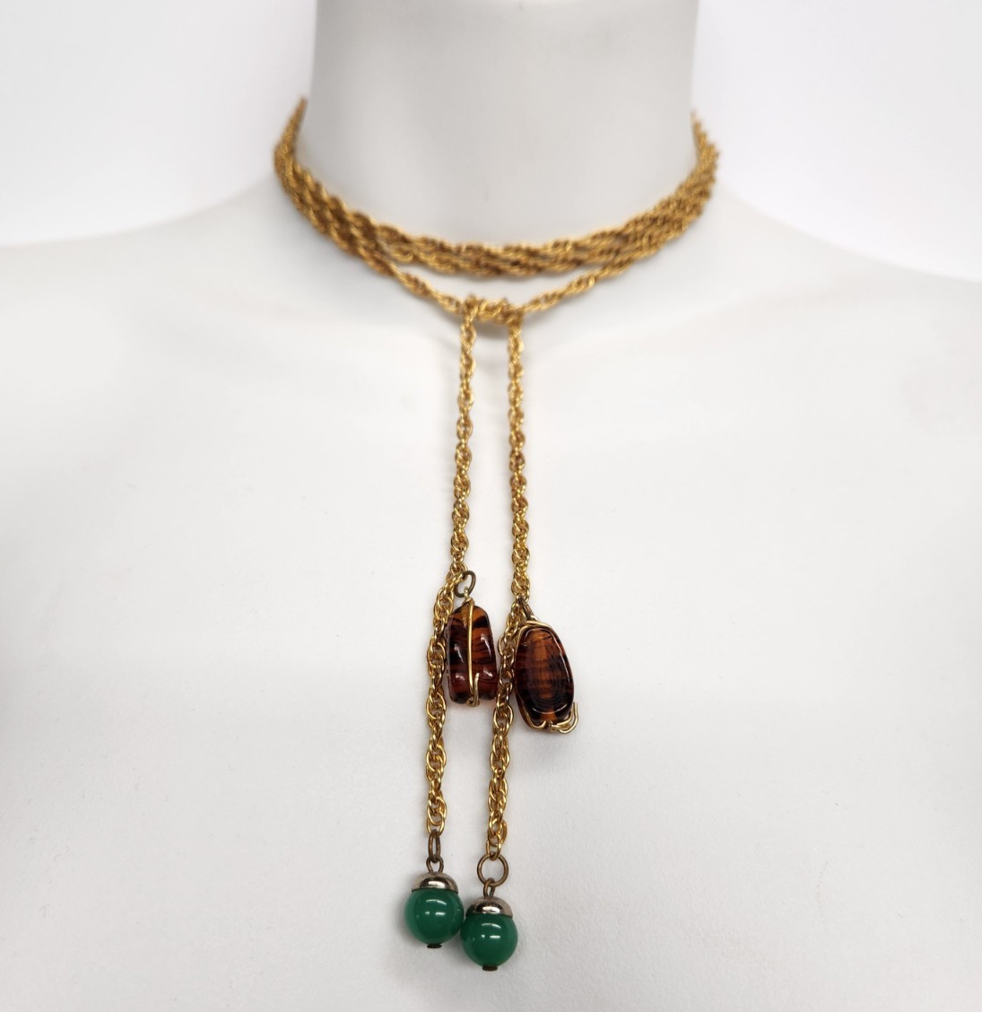 VTG Long Gold Tone Faux Agate & Chrysophase Beads Convertable Lariat Necklace