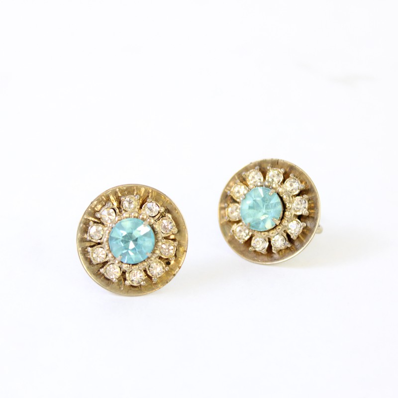 Vintage Blue and Clear Rhinestone Silver-Tone Round Screw Back Earrings