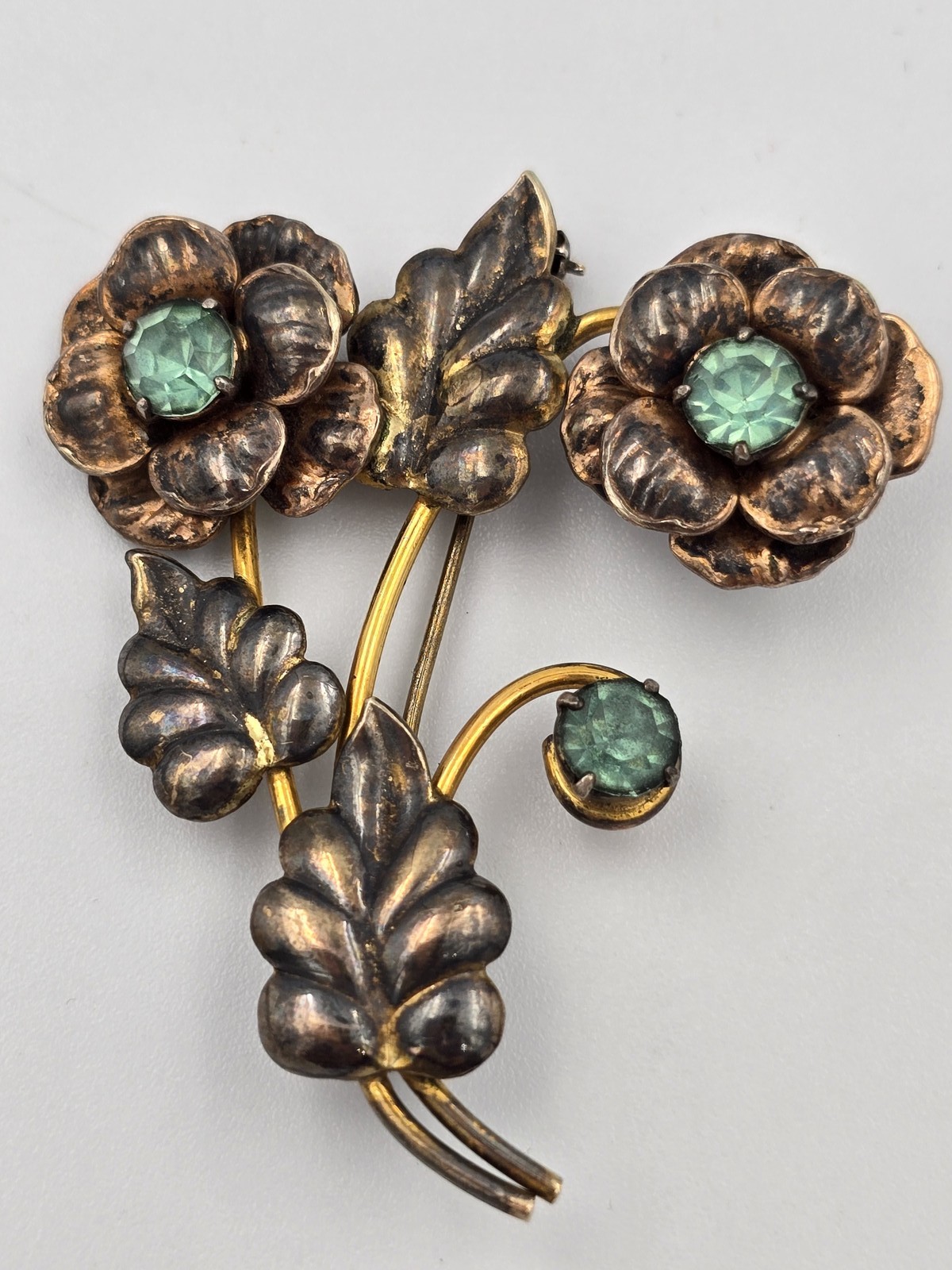 Vintage Sterling Silver 1/20 12K Gold Filled Green Rhinestone Flower Brooch Pin