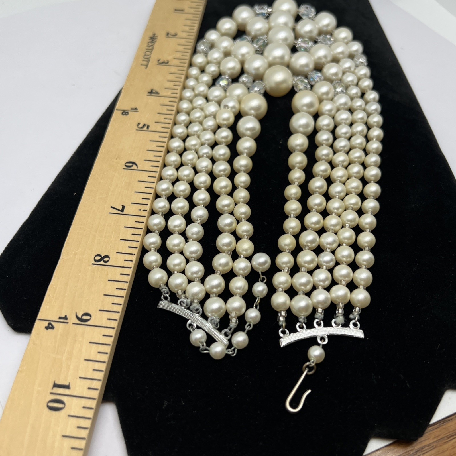 Vintage 5 Strand Faux Pearl AB Glass Beaded 14”-16” Necklace 7983