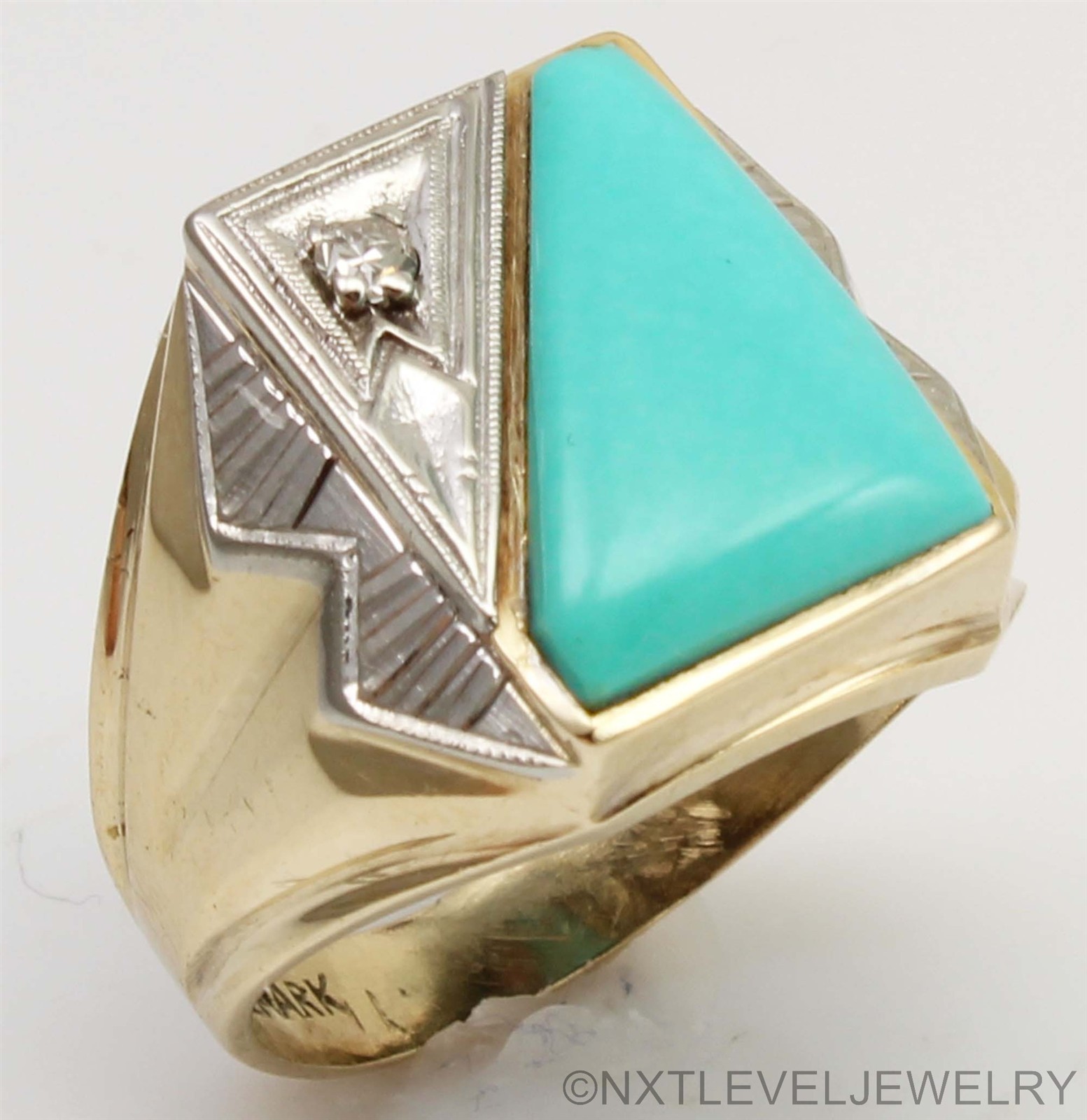 Antique SIGNED Art Deco Robin’s Egg Turquoise & Diamond 10k Solid Gold Mens Ring