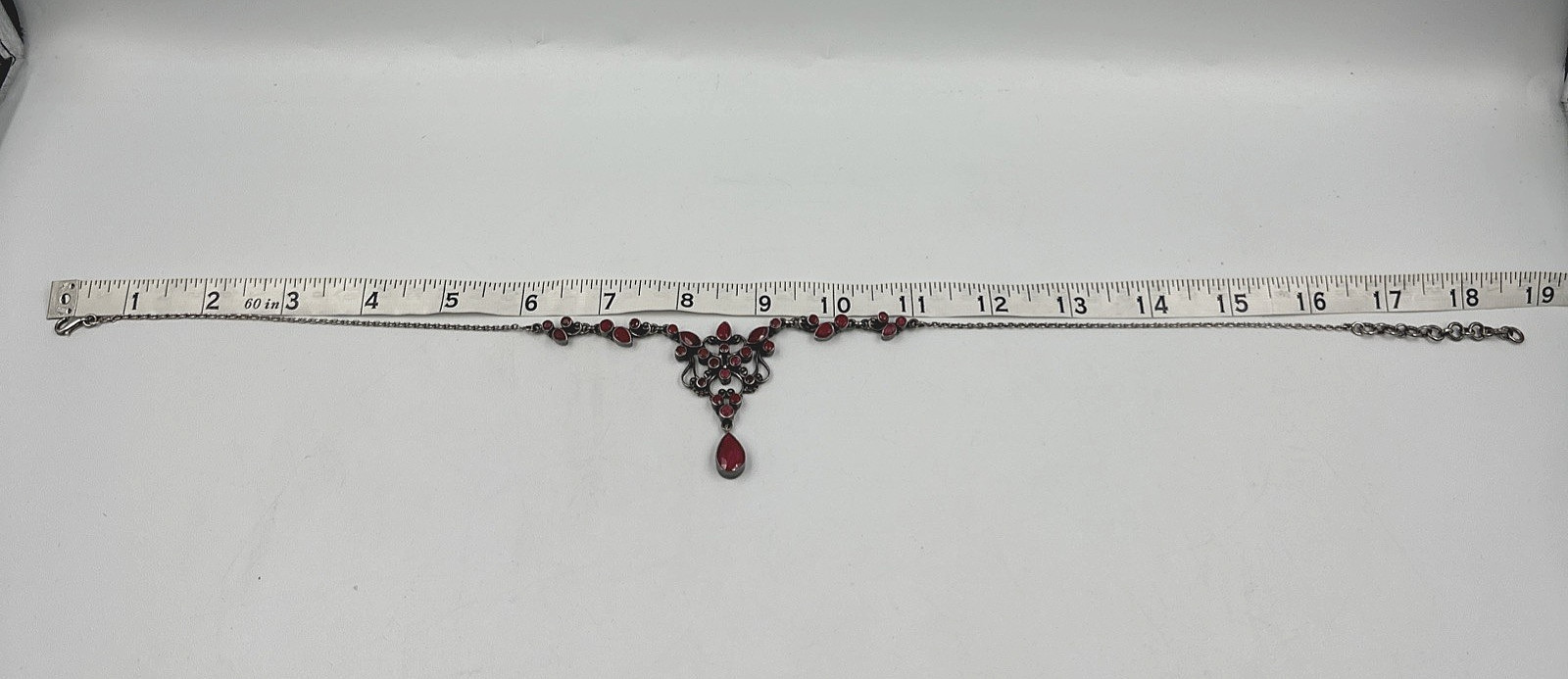 SLG Sterling Silver Necklace Natural Ruby Cluster Y Pendant 3″ Drop 18.5″ 21.60g