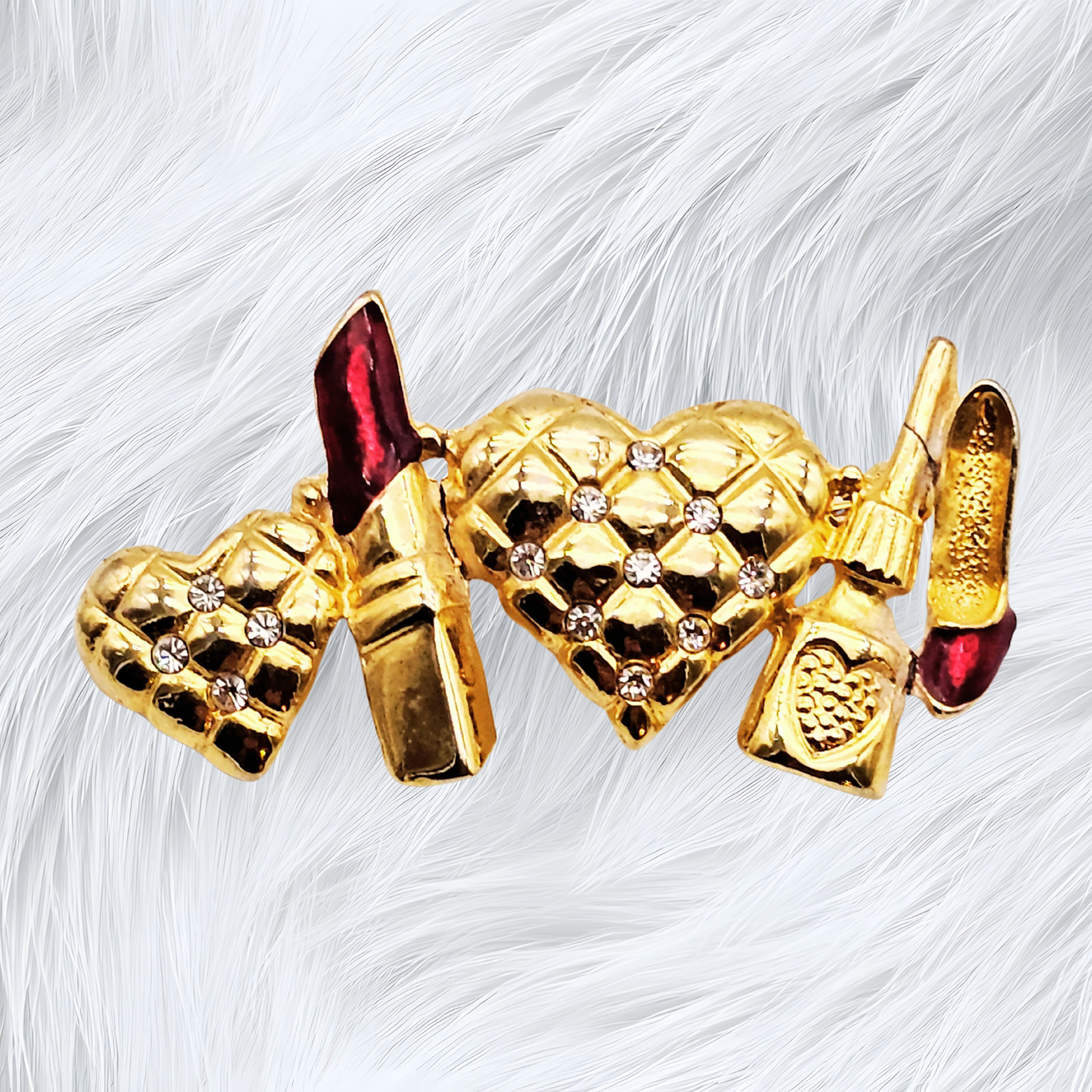 ✨ VTG Gold-Tone Hearts & Lipstick Brooch w/ Rhinestones Glam Beauty Retro Pin ✨