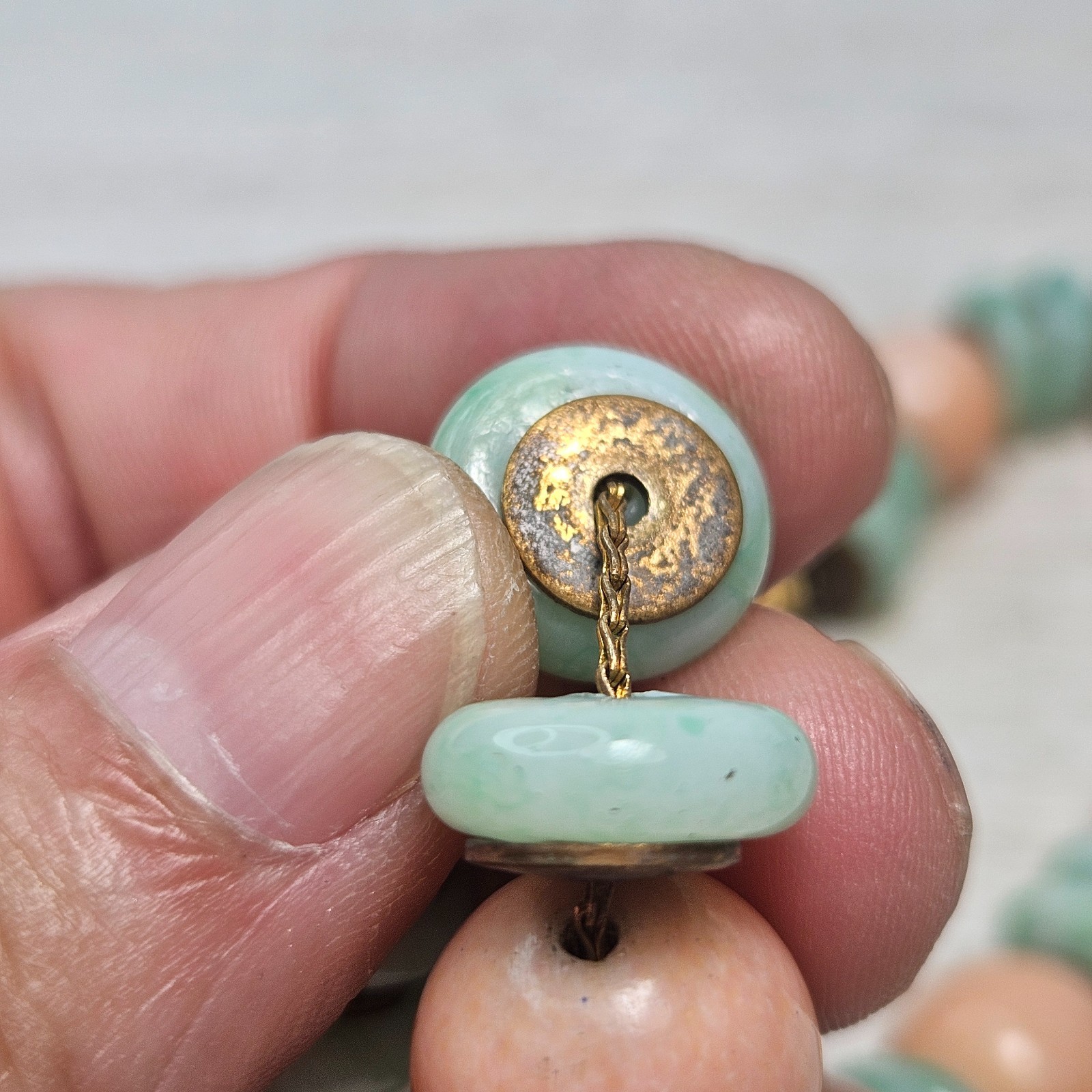 Confirmed ROUSSELET Peach & UV Marbled Green w Brass Discs Glass Bead Necklace