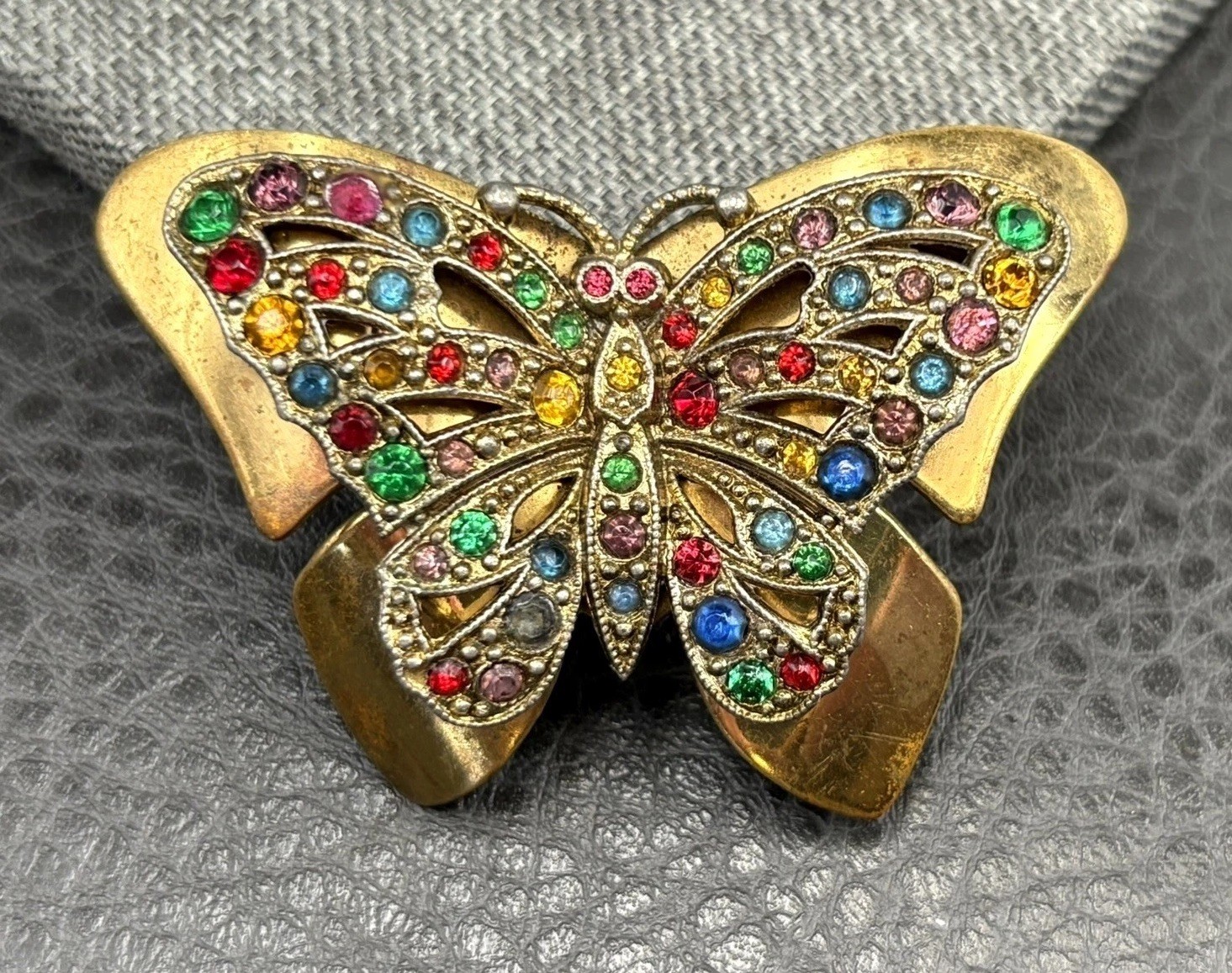 Vintage Gold Tone Butterfly Brooch Multicolor Crystal Rhinestone Pin Fruit Salad