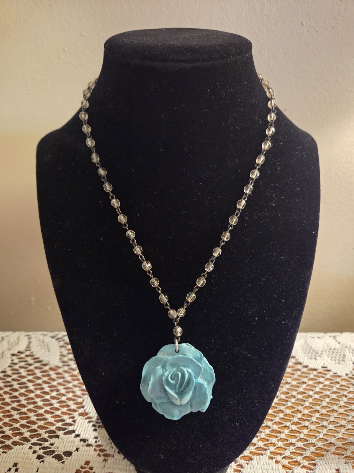 Vintage Enamel Turquoise Rose On Gray Beaded Necklace