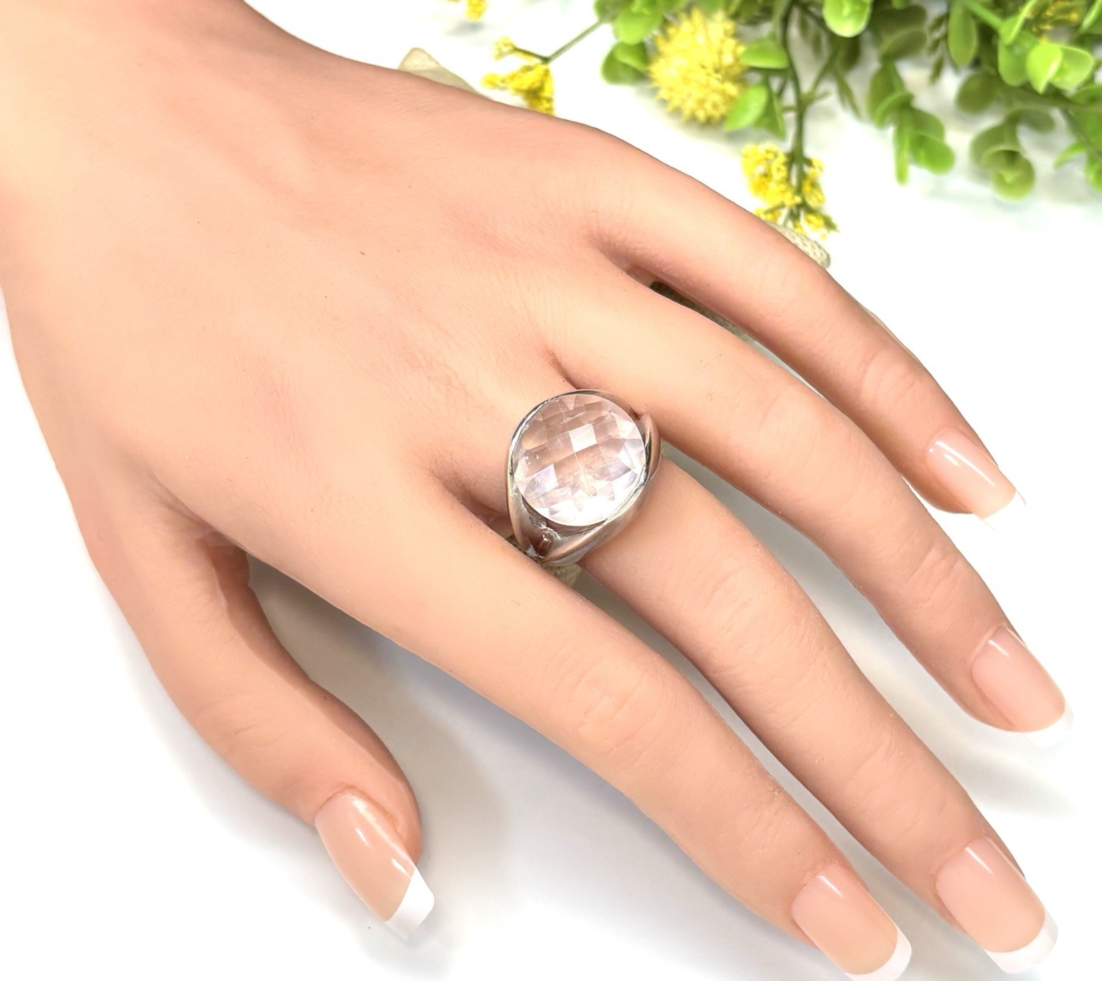 Vtg Hand Cast Sterling Silver 925 Faceted Round Pink Quartz Band Ring Size 7