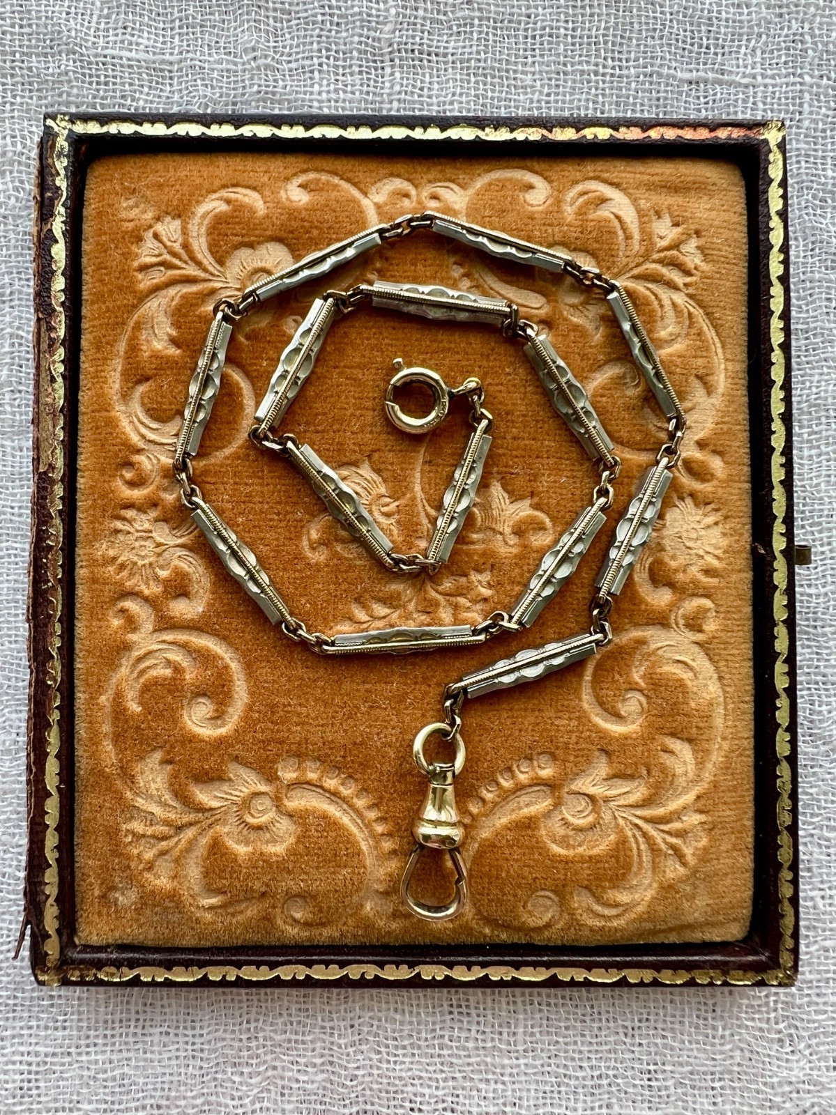 Art Deco 12K Gold Filled Two Tone Bar Link Watch Chain 14″ Swivel Dog Clip