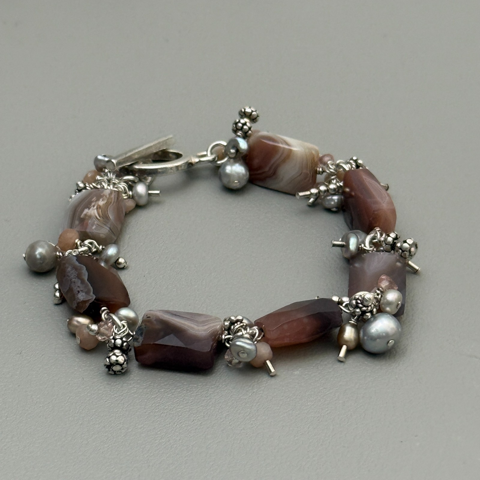 Artisan 925 Sterling Silver Banded Agate Pearl Bracelet Toggle Clasp 7″ Vintage