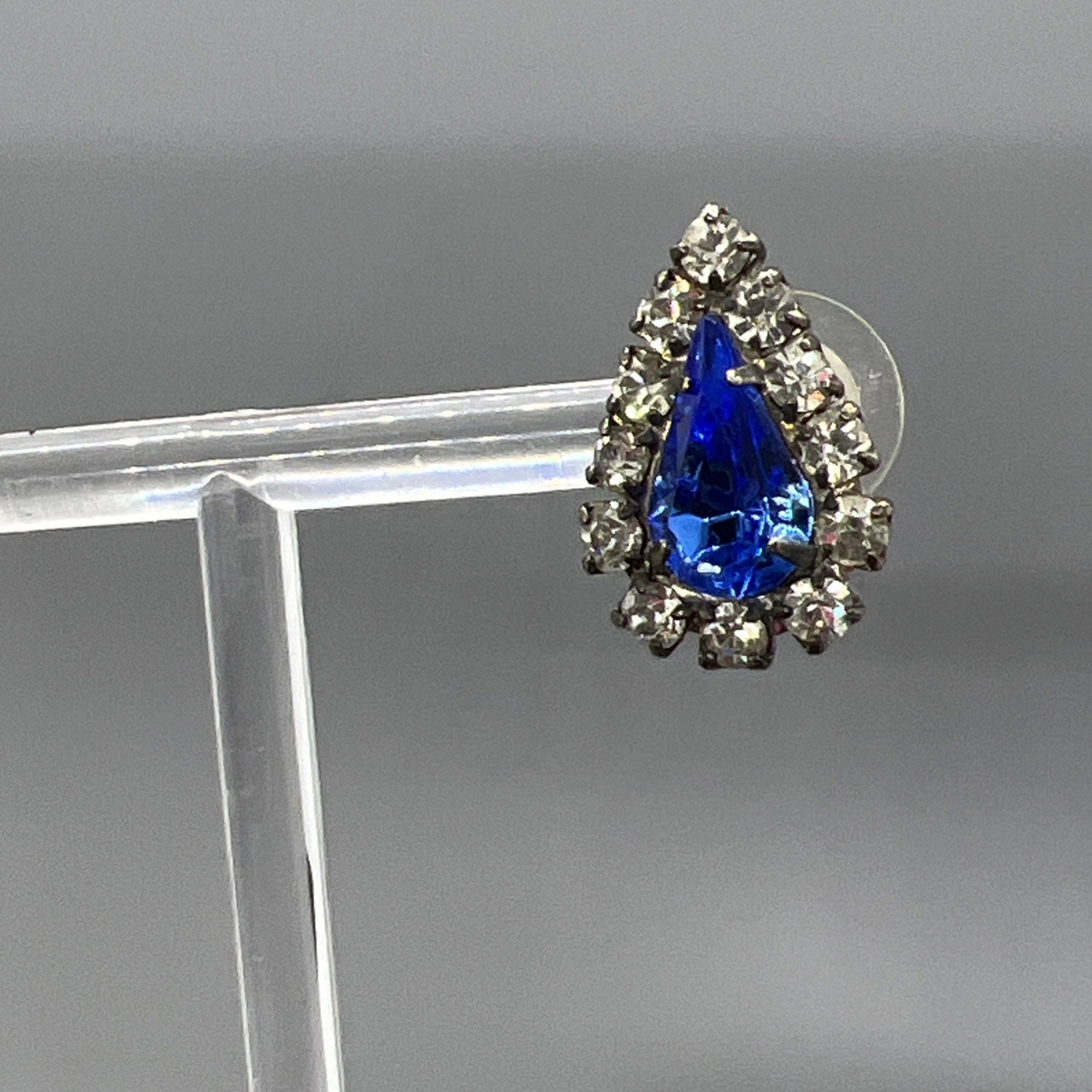 Vintage Teardrop Rhinestone Earrings Blue & Clear Crystal Accent Post Pierced El