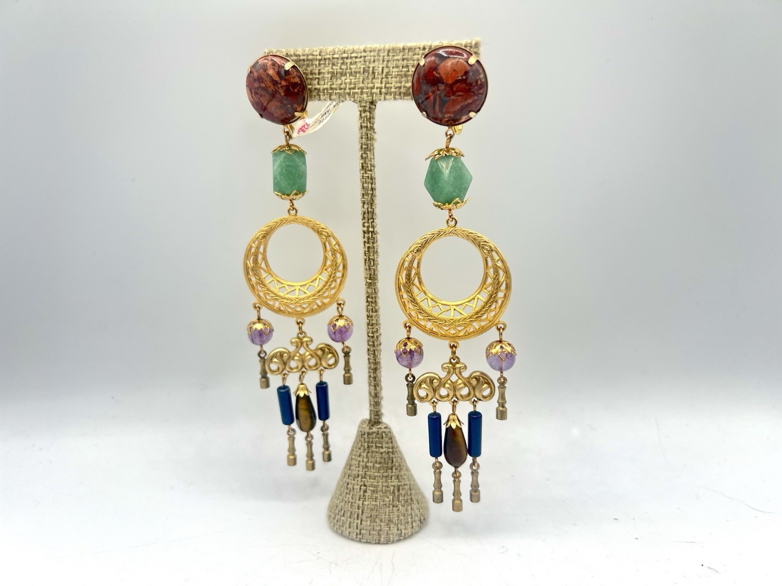 VTG Chandelier Gemstone Bead Pierced Earrings Saks Fifth Ave NOS RO-DO 1980s