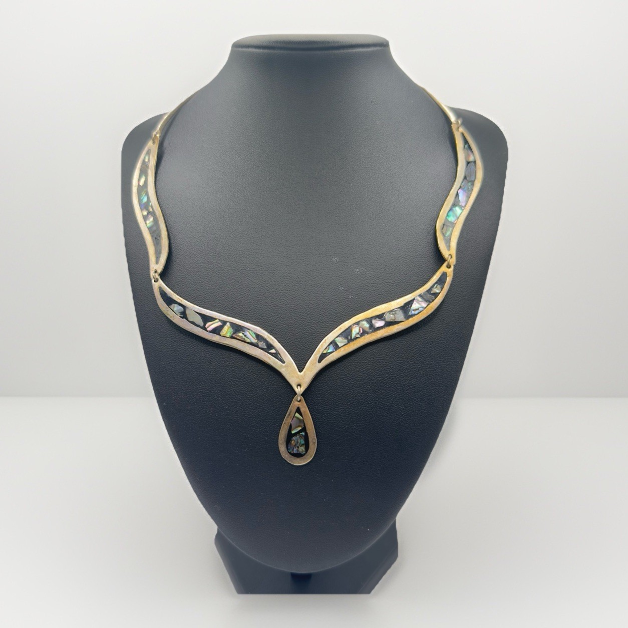 Vintage Mexican Alpaca Abalone Inlay Necklace 17″ Panel Link Drop Pendant