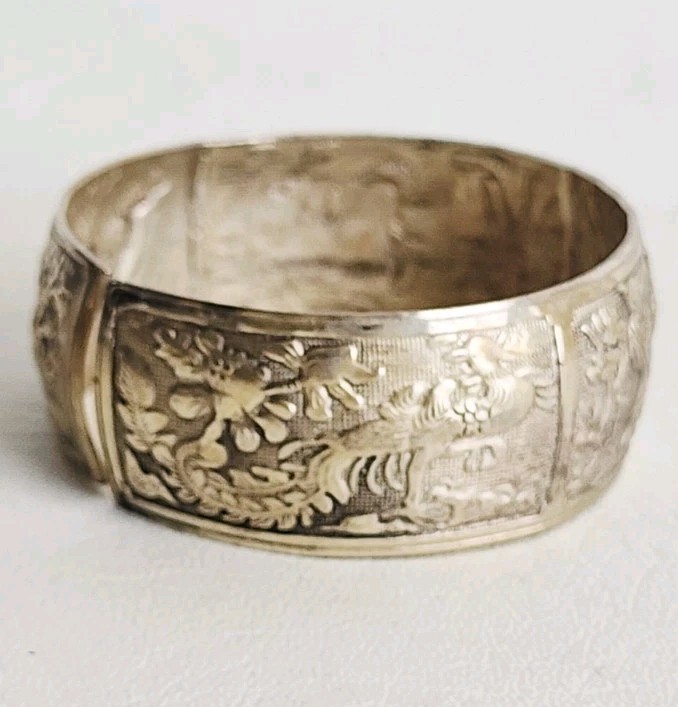 Miao Silver Tone Bangle with repoussé Depicting Birds and Deer In Nature Vintage