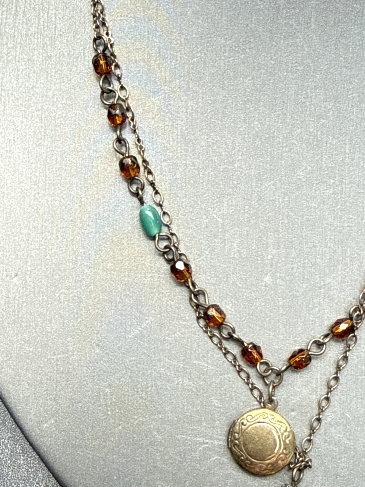 Vintage Necklace Picture Locket Cloisonné Pendant Glass Beads 2 Strand Necklace