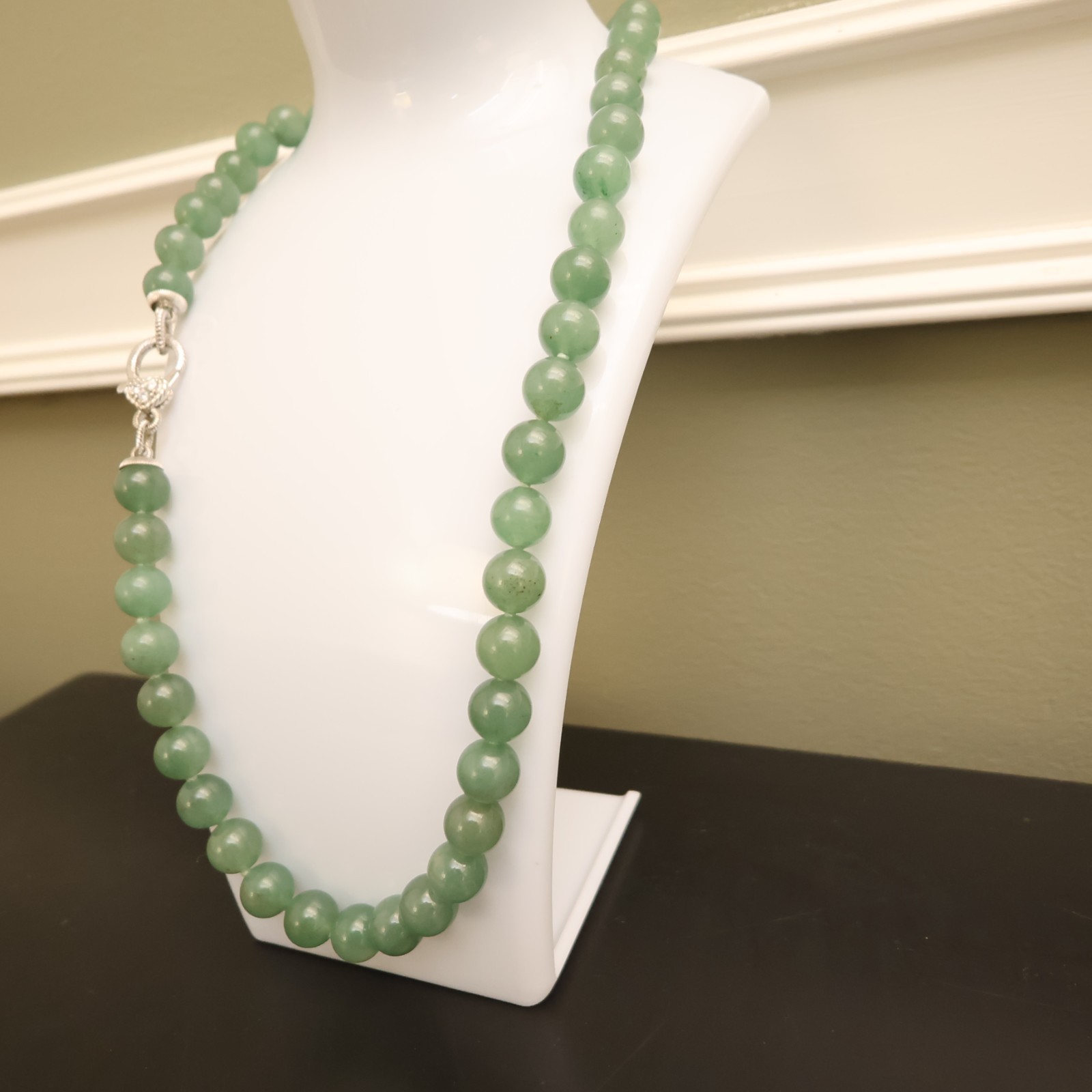 Judith Ripka necklace aventurine beads sterling silver 925 clasp DMQ signed 20in
