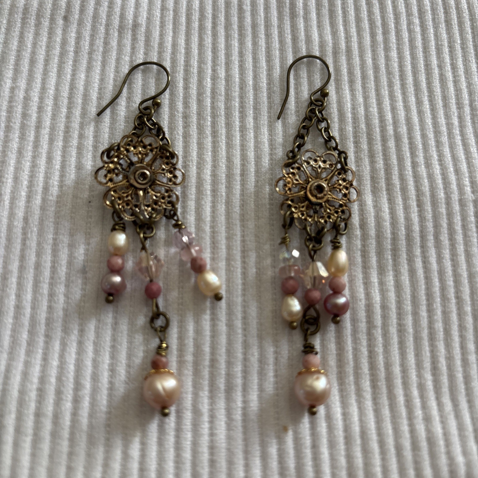 Vintage Boho Earrings Brass-Tone w/Opal-Glass on Alloy Filigree, Pearl+ danglers