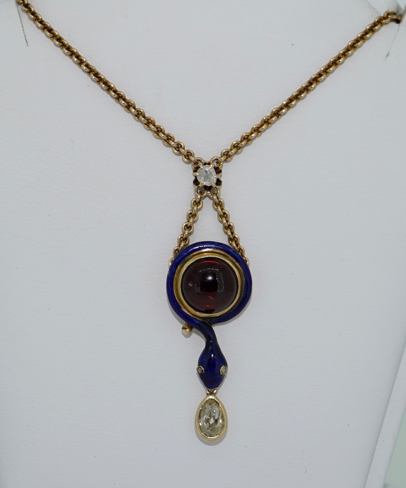 Antique 14K Enamel Snake With Diamonds & Garnet Necklace