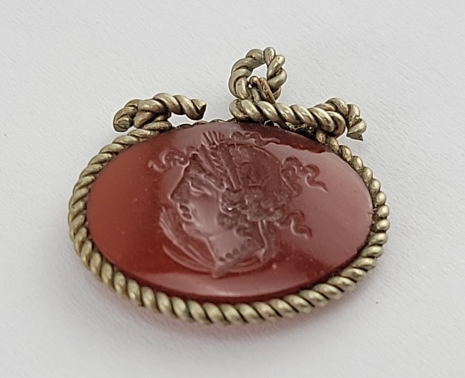 Vintage Carved Presssed Cameo Pendant Brown Mythological FOB Vicotrian