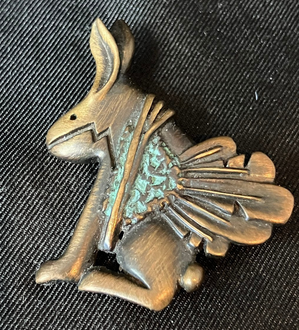 Vintage Southwestern Rabbit Brooch Stylized Winged Jackrabbit Turquoise Inlay