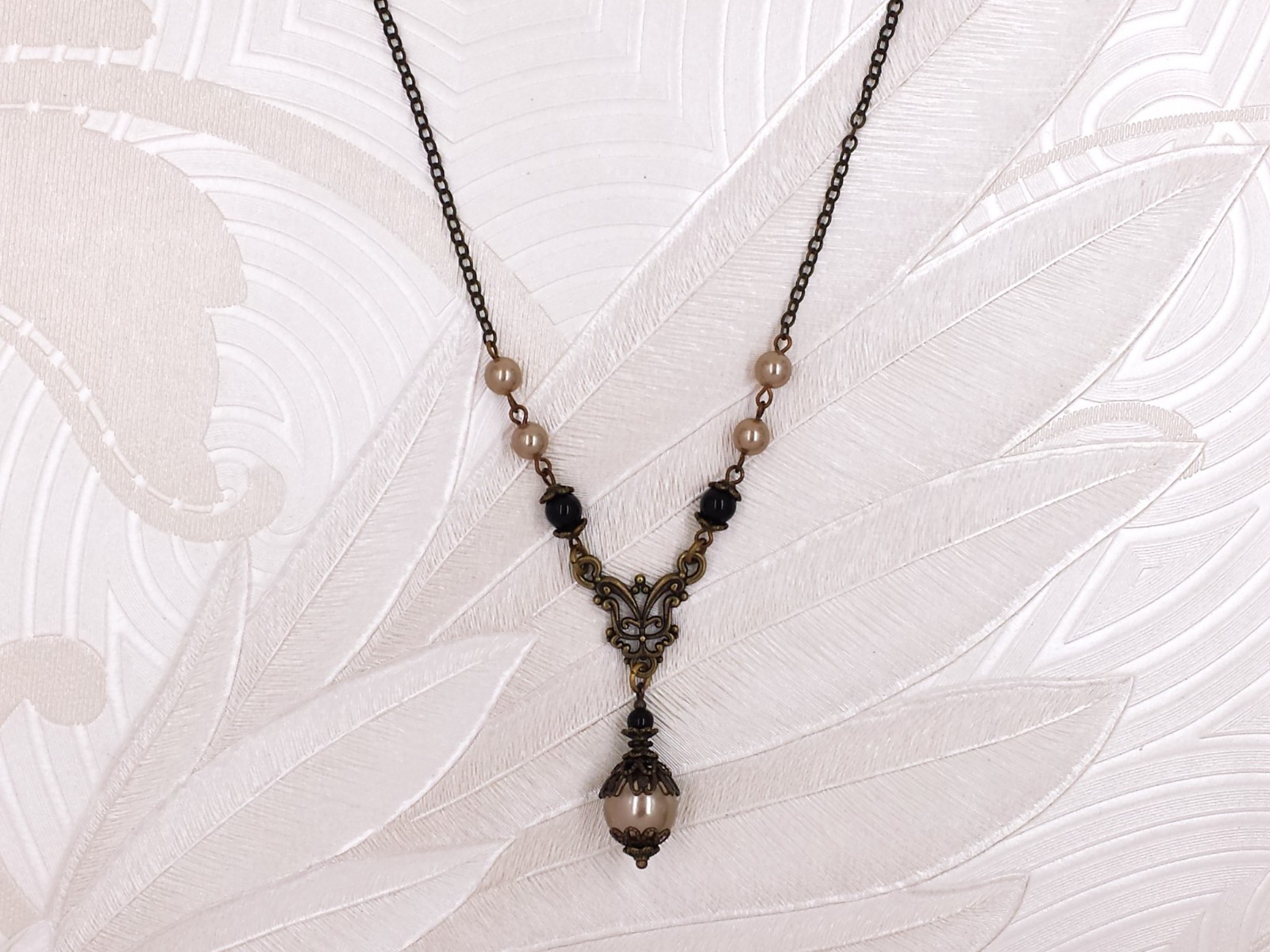Art Nouveau Necklace Champagne Gold Crystal Pearl Black Bead Victorian Jewelry