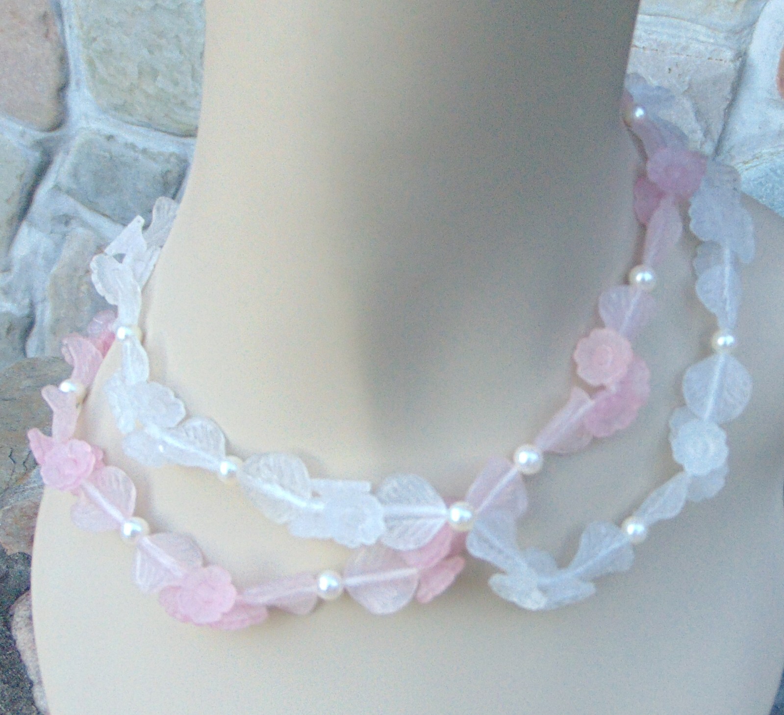 2 VINTAGE NECKLACES!~FROSTED PLASTIC FLOWERS, LEAVES, PEARLS~ GOLD BARREL CLASPS