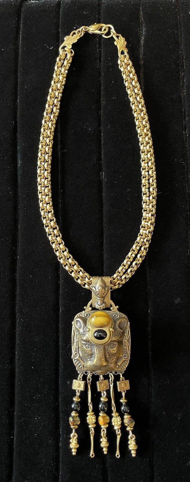 PATRICE VTG African Egyptian Revival Leopard Panther Pendant Necklace 16″
