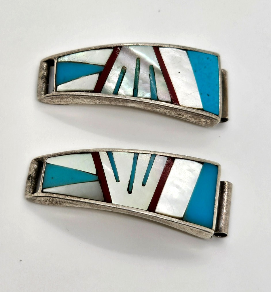 Sterling VTG Native Turquoise MOP & Coral Inlay Watch Tips 10 MM Bar Signed